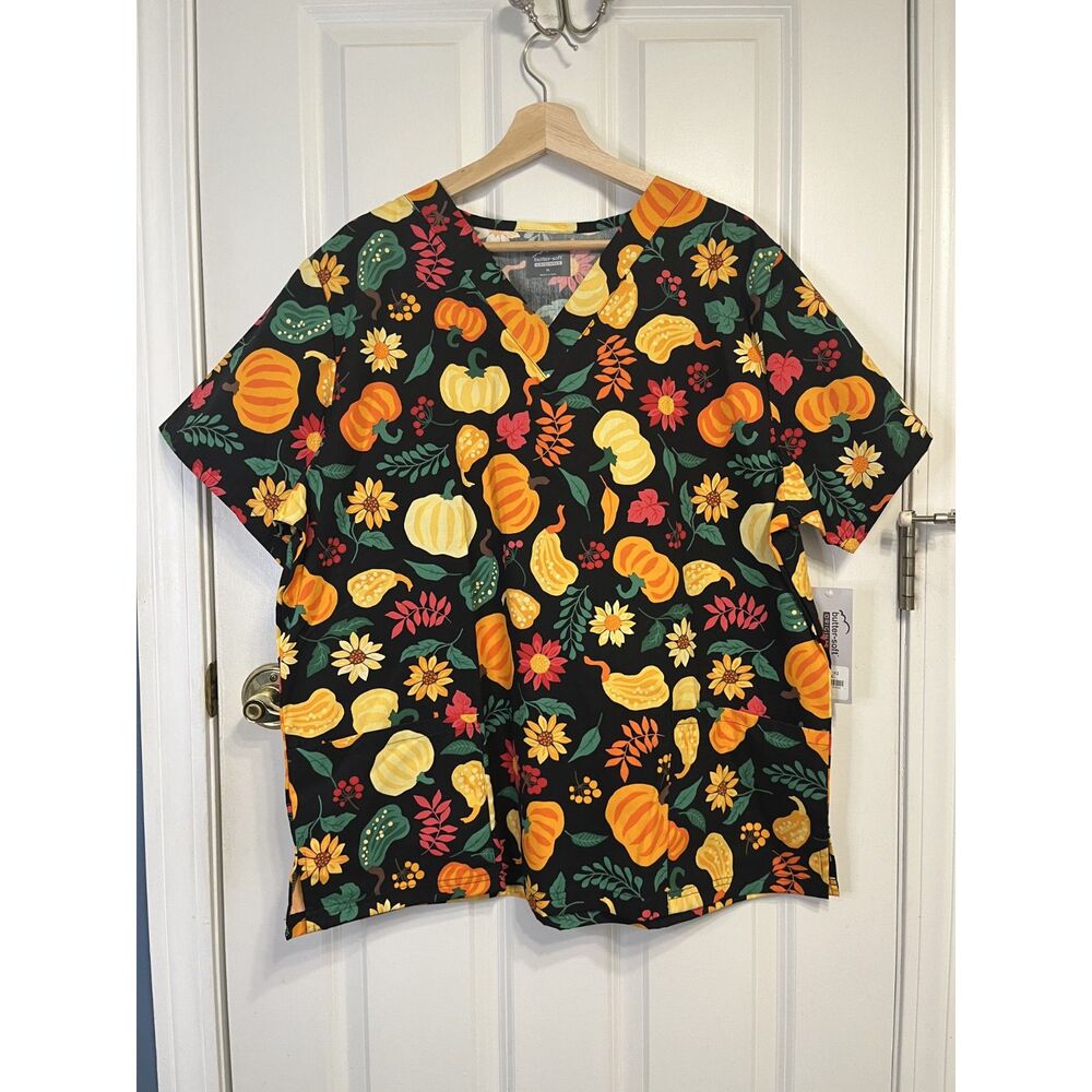 Butter-Soft Originals Fall Gourds & Leaves Print Scrubs Size XL - NWT